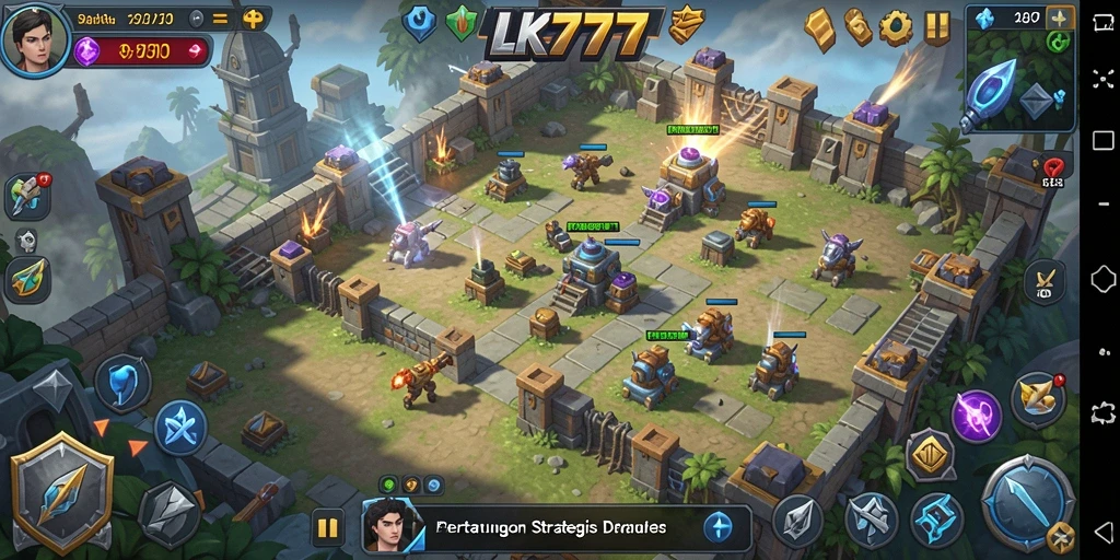 Screenshot utama LK777 menampilkan aksi pertahanan menara yang mendebarkan.