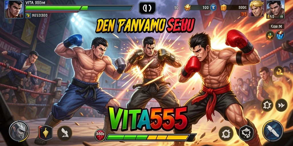Screenshot utama VITA555 menunjukkan aksi pertarungan yang intens dan grafis menarik.